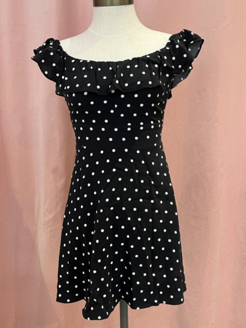 Zara Black White Polka Dot Off Shoulder Mini Dress Smocked Ruffle Tie Waist